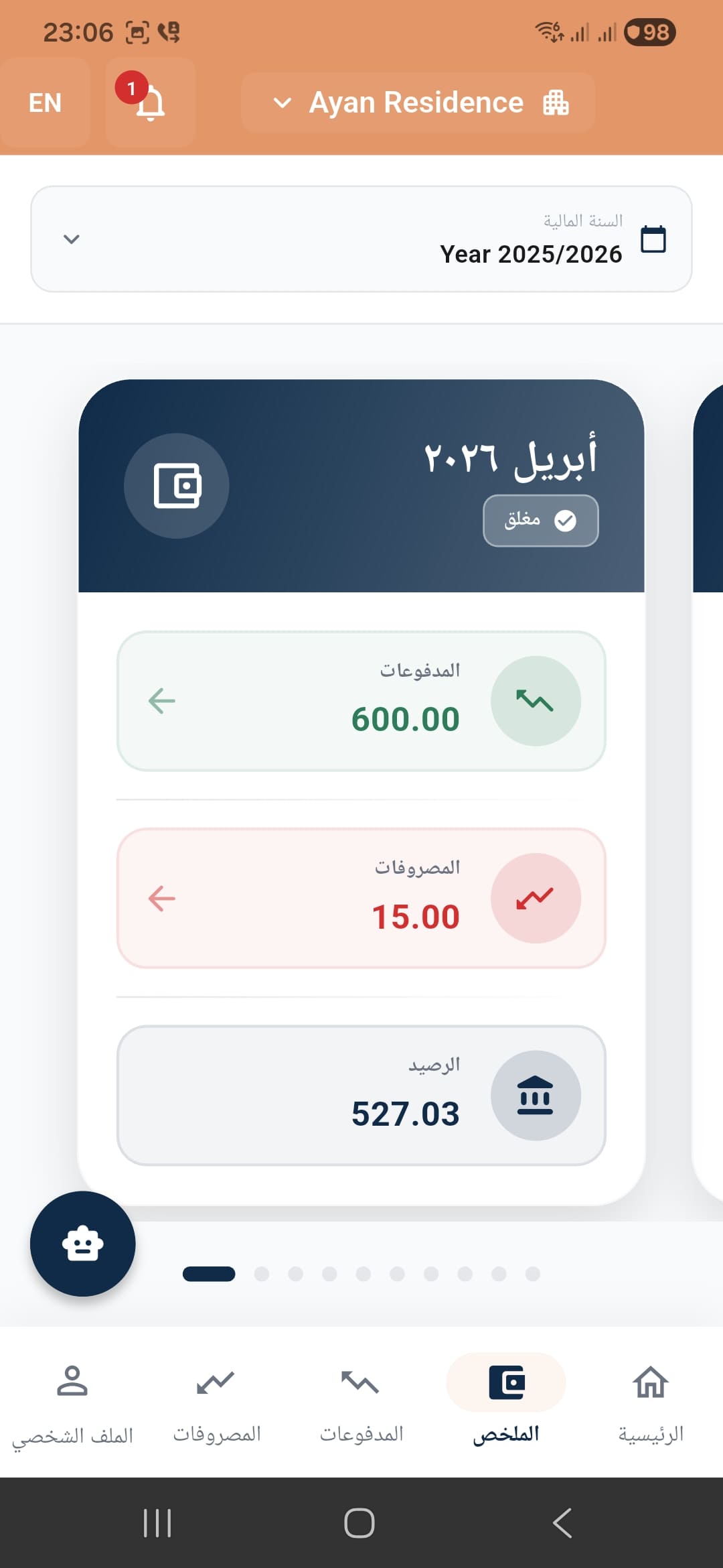 شاشة الملخص المالي